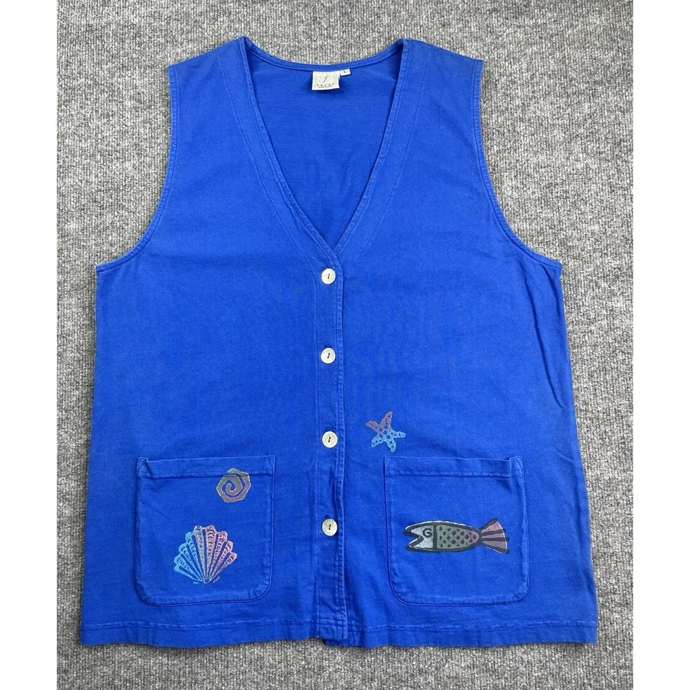 Focus Maxi‎ Dress Vest Set Women Large Blue Cotton Coastal Fish Shell Vintage